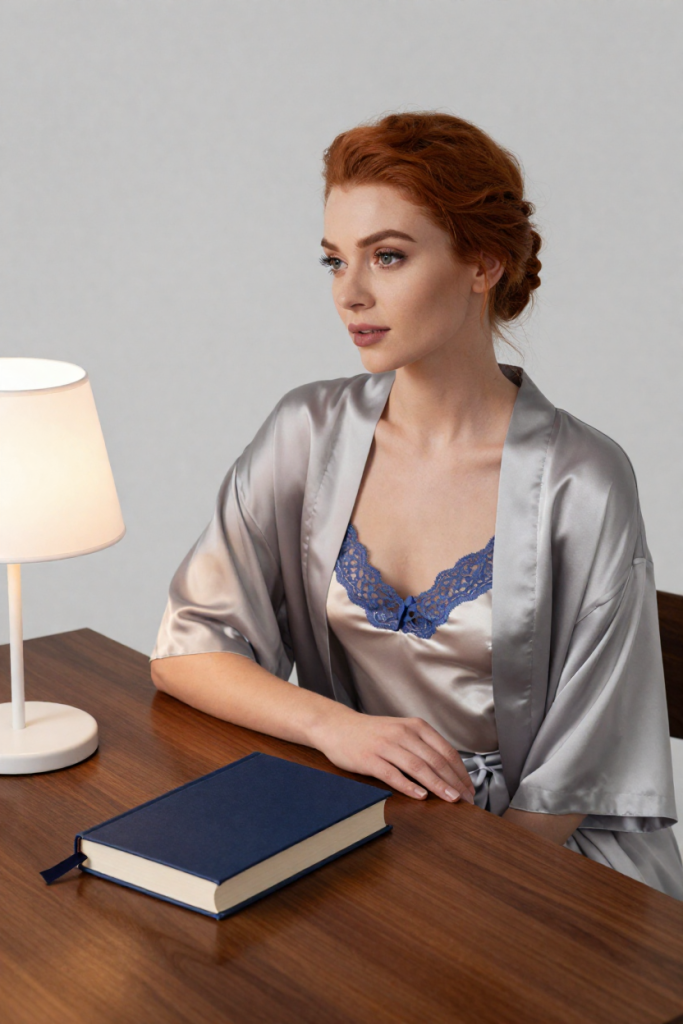 BioLinkBright muse with a copper chignon in a dove-grey robe at the daylamp desk, closed navy biography and a plain lit daylight lamp